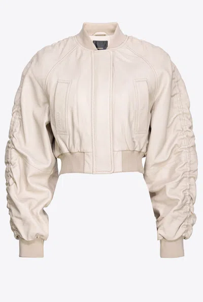Pinko Cropped Leather Bomber Jacket In Beige-farina Avena