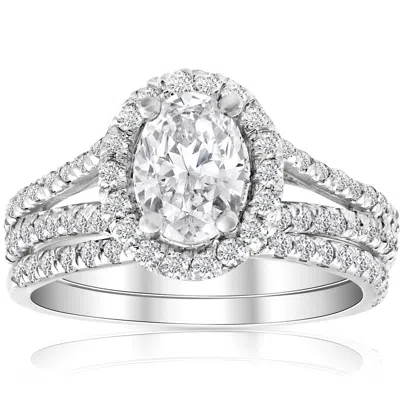 Pompeii3 1.75ct Oval Diamond Split Halo Engagement Wedding Ring Set White Gold Enhanced In Multi
