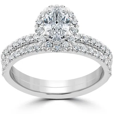 Pompeii3 1 1/4 Ct Oval Halo Diamond Engagement Wedding Ring Set 14k White Gold In Multi