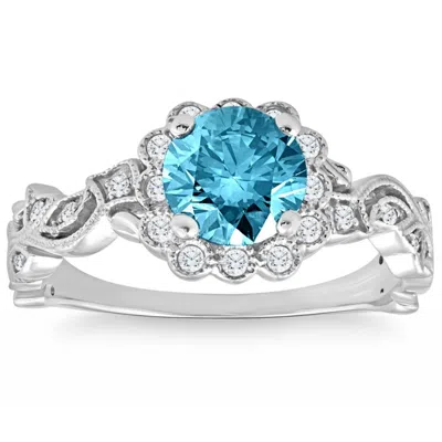 Pompeii3 1 3/4ct Tw Blue Diamond Vintage Halo Engagement Ring 14k White Gold Antique Vine