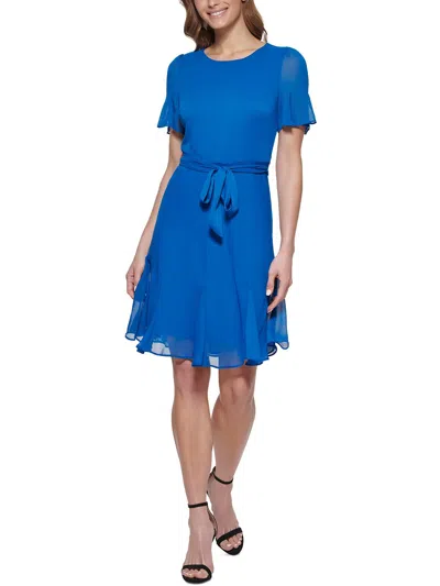 Dkny Womens Knee Length Tie Waist Fit & Flare Dress In Blue