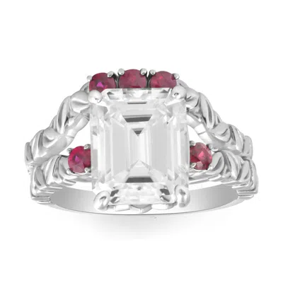 Pompeii3 5 1/2ct Ruby & Emerald Cut Moissanite Petite Leaf Engagement Set In Gold In Multi