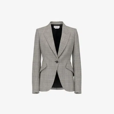 Alexander Mcqueen Prince Of Wales Peak Shoulder Jacket In Black/ivory