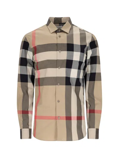 Burberry Check Cotton Shirt In Beige