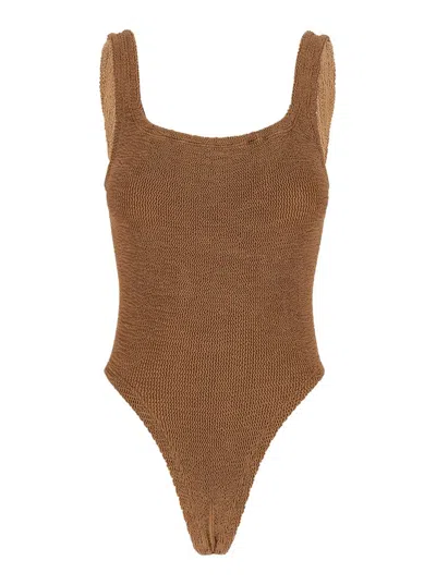 Hunza G Brown One-piece Swimsuit With Squared Neckline In Ribbed Stretch Polyamide Woman