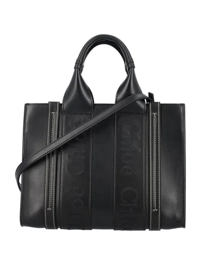 Chloé Small Woody Leather Tote Bag In Black