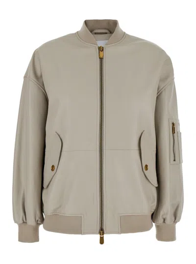 Pinko Beige Bomber Jacket With Zip In Leather Woman