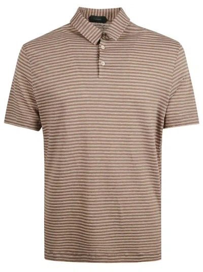 Zanone Striped Linen-blend Polo Shirt In Brown