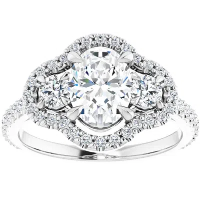 Pompeii3 1 3/4 Ct Three Stone Halo Diamond & Oval Moissanite Engagement Ring White Gold In Multi