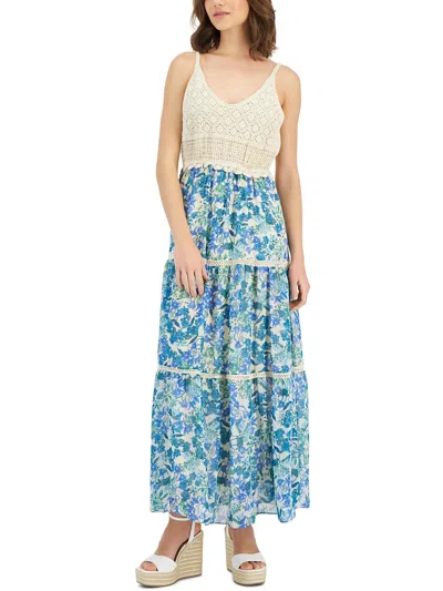 Taylor Womens Floral Print Crochet Maxi Dress In Blue