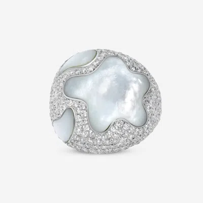 Superoro 18k White Gold, Diamond 4.07ct. Tw. And Mother Of Pearl Statement Ring 63706 In Orange