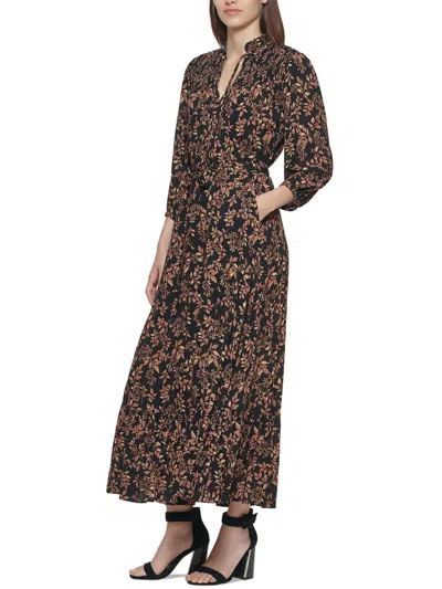 Calvin Klein Womens Smocked Rayon Maxi Dress In Brown