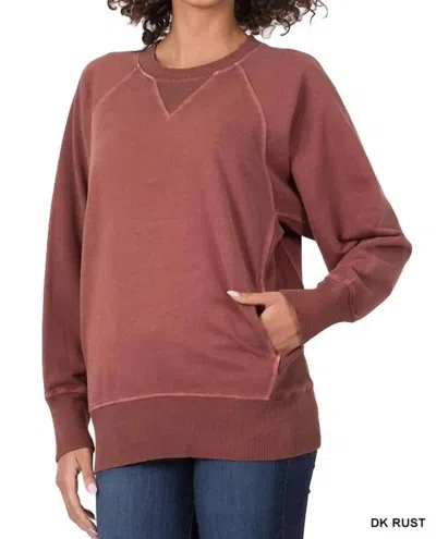 Zenana French Terry Pullover Top In Rust In Brown