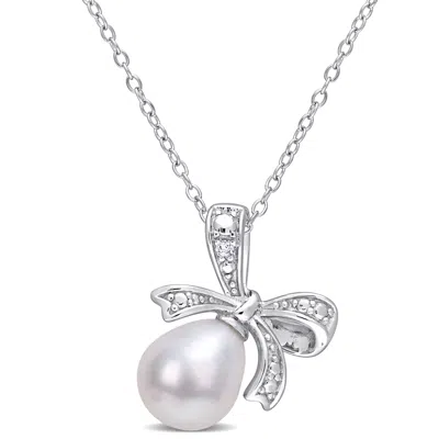 Mimi & Max 8.5-9mm Cultured Freshwater Pearl And Diamond Accent Bow Necklace In Sterling Silver