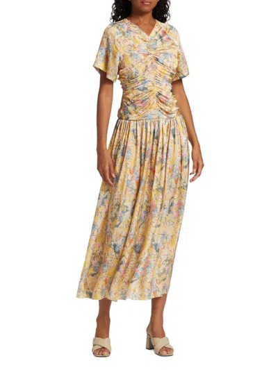 Rosetta Getty Women's Floral Ruched Maxi Dress In Lemon