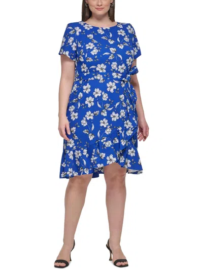 Calvin Klein Plus Womens Floral Print Polyester Sheath Dress In Blue