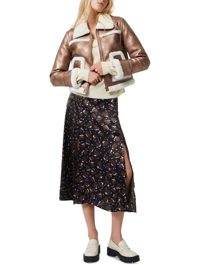 French Connection Womens Faux Leather Faux Fur Coat In Gold