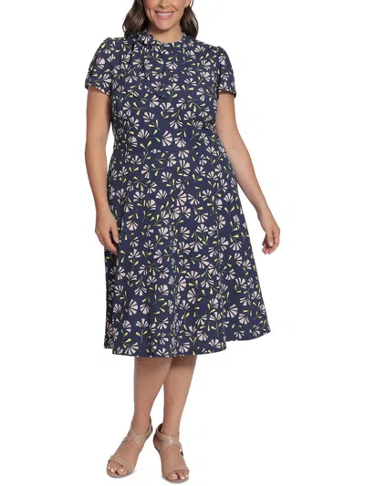 London Times Plus Womens Printed Polyester Midi Dress In Blue