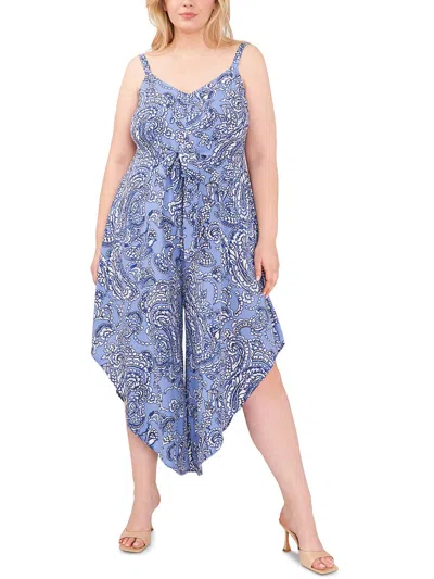 Vince Camuto Plus Womens Printed Ruffled Jumpsuit In Blue