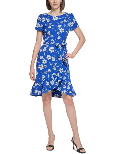 Calvin Klein Petites Womens Floral Print Crepe Fit & Flare Dress In Blue