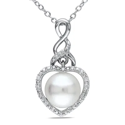 Mimi & Max 8-8.5mm White Cultured Freshwater Pearl And Diamond Heart Necklace In Silver