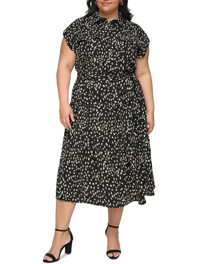 Dkny Plus Womens Printed Polyester Shirtdress In Black