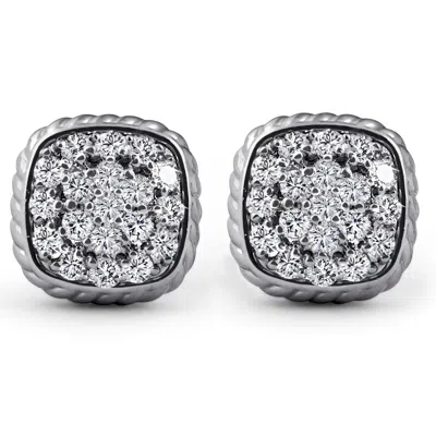 Pompeii3 1ct Pave Diamond Cushion Shape Studs Braided Border Earrings 14k White Gold In Silver