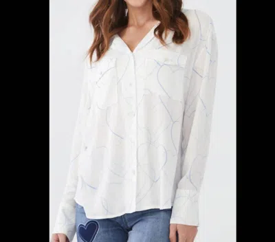 Fdj Button Up Blouse In White With Blue Hearts