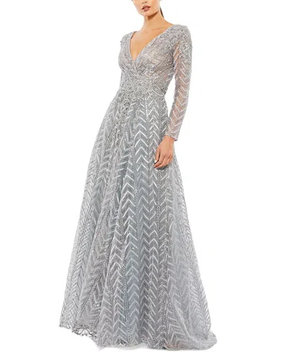 Mac Duggal Long Sleeve Chevron Embroidered Gown In Grey