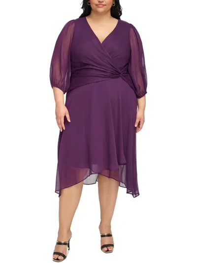 Dkny Plus Womens Faux Wrap Polyester Fit & Flare Dress In Purple