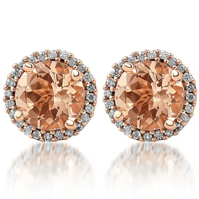 Pompeii3 1 1/2 Ct Diamond & Morganite Rose Gold Halo Studs Screw Back Earrings Rose Gold In Orange