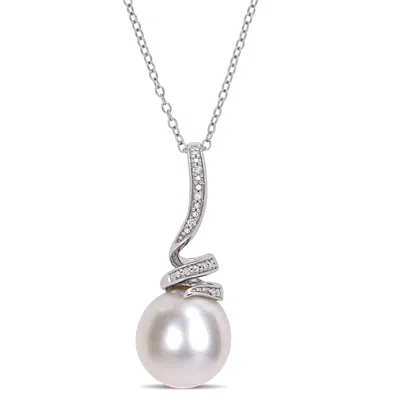 Mimi & Max 11-12mm Cultured Freshwater Pearl And Diamond Accent Swirl Drop Necklace In Silver