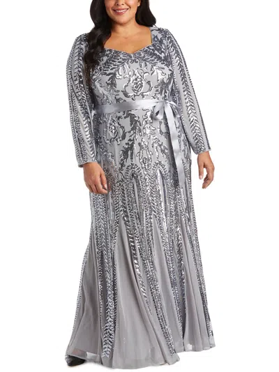 R & M Richards Plus Womens Sequined Maxi Evening Dress In Silver
