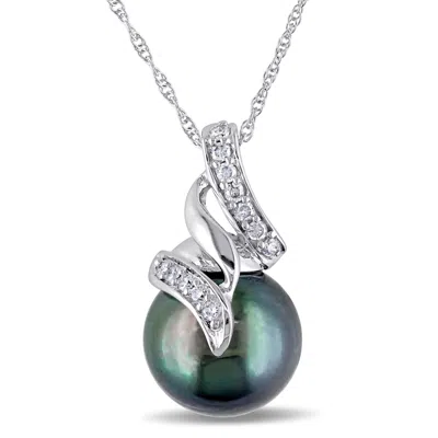 Mimi & Max 9.5-10mm Black Tahitian Cultured Pearl And 1/10ct Tw Diamond Necklace In 10k White Gold In Green