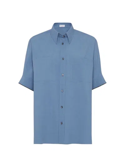 Brunello Cucinelli Short-sleeve Cotton Shirt In Avio Blue