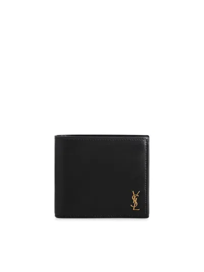 Saint Laurent Compact Leather Wallet With Interlocking Ysl Logo In Black
