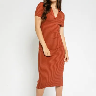 Olivaceous Knit Collared Short Sleeve Ribbed Dress In Light Brown