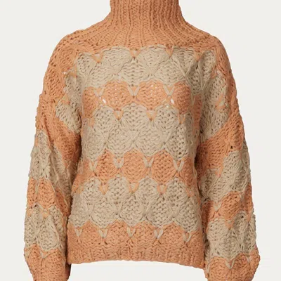 Pol Open-knit Chunky Turtleneck Sweater In Beige Papaya Stripe In Brown