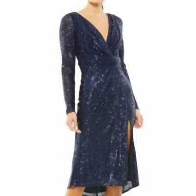 Mac Duggal Sequin Long Sleeve Midi Dress In Midnight In Blue