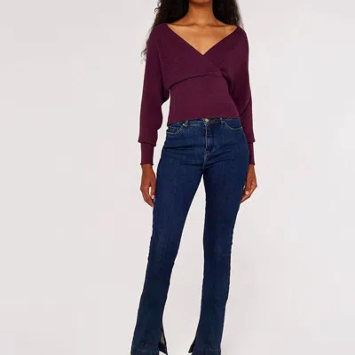 Apricot Plum Ribbed Knit Cropped Sweater In Purple