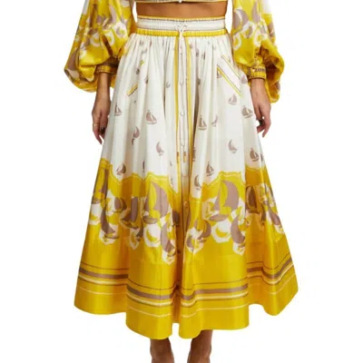 Zimmermann Snap-detailed Printed Silk-satin Midi Skirt In Yellow
