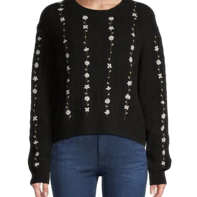White + Warren Cashmere Floral Embroidered Cable Crewneck In Black