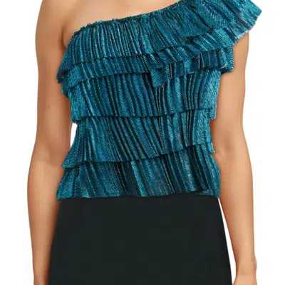 Forte Forte One Shoulder Ruffled Lame Blouse In Blue