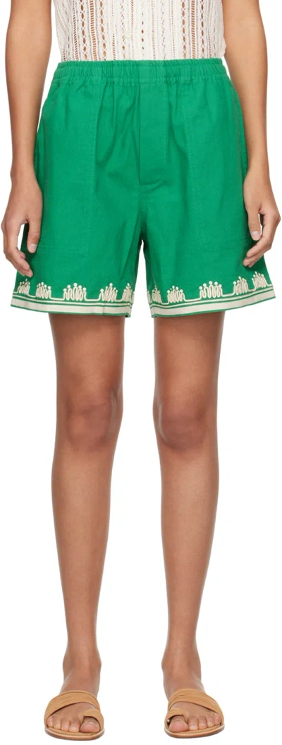 Bode Green Ripple Appliqué Shorts In Ecru Green