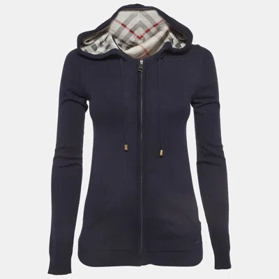Pre-owned Burberry Navy Blue Cashmere And Cotton Knit Hooded Jacket Xs