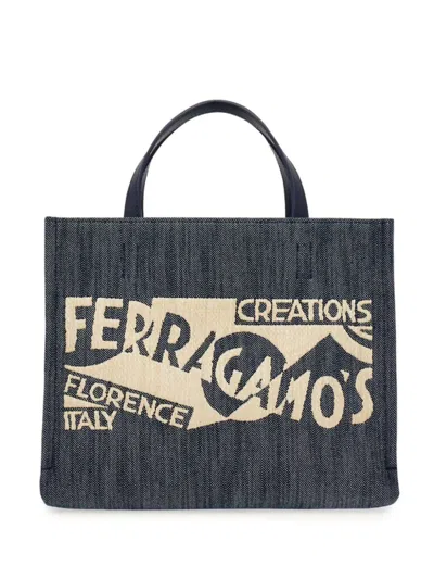 Ferragamo Large Venna Logo-embroidered Tote Bag In Blue