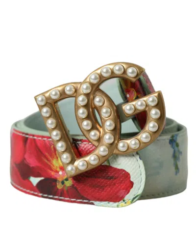 Dolce & Gabbana Multicolor Floral Leather Gold Dg Logo Buckle Belt