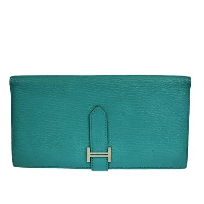 Hermes Hermès Béarn Blue Leather Wallet  () In Green