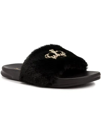 Juicy Couture Windy Womens Faux Fur Logo Slide Sandals In Black