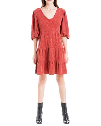 Max Studio Rib Knit Elbow Sleeve Tiered Short Dress In Red